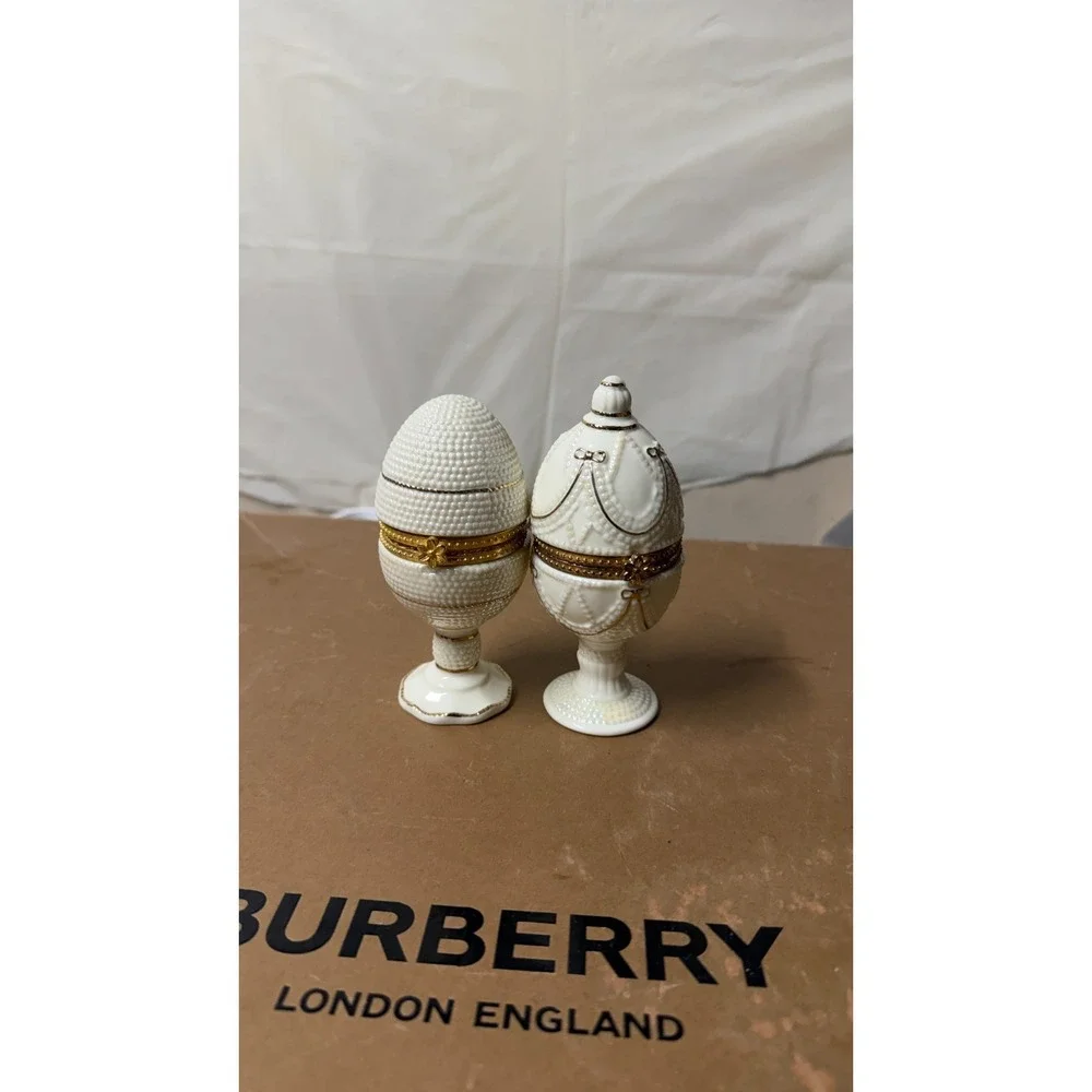 Ivory Elegance Fabergé-Style Hinged Egg Trinket Boxes‎ Set of 2 Gold Trim